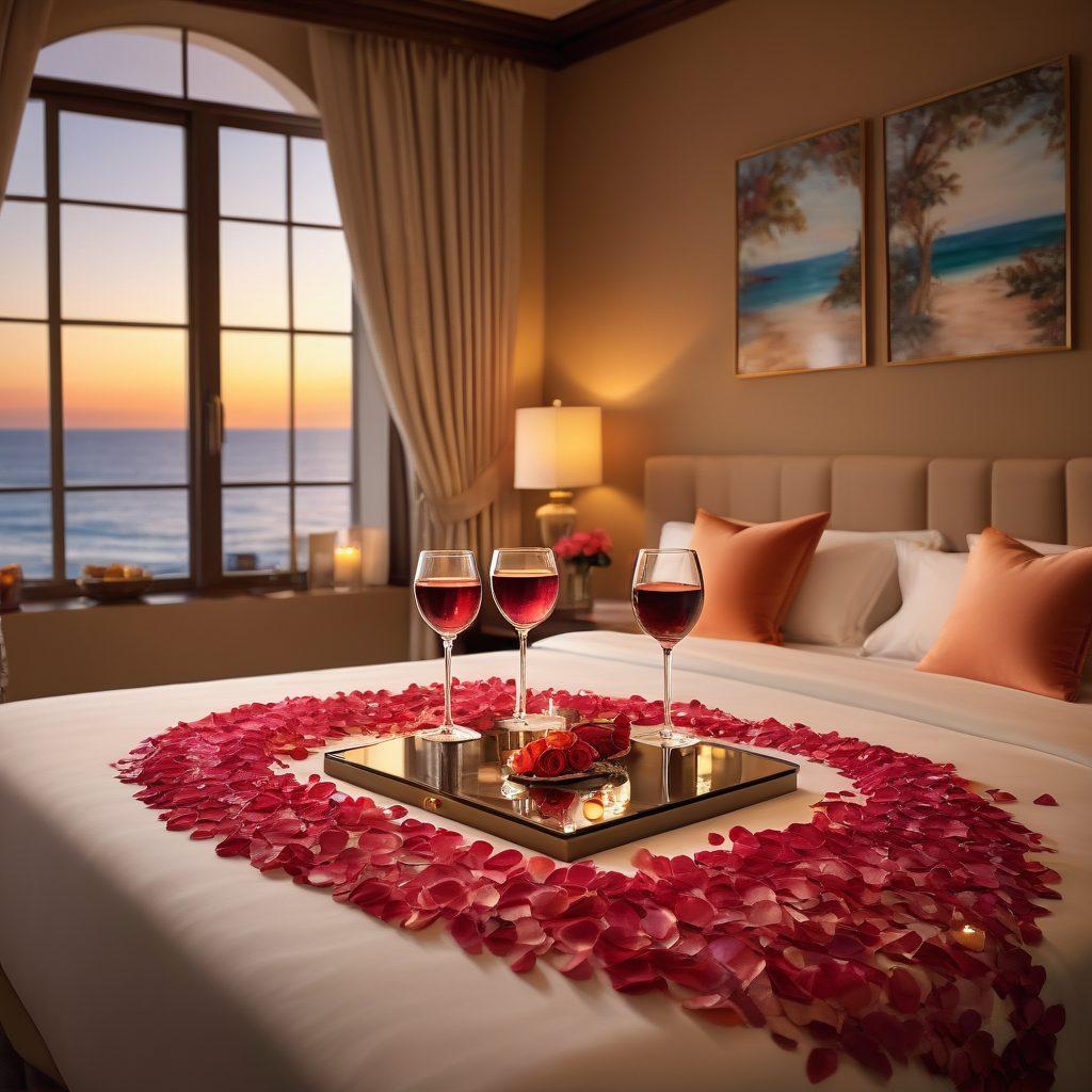 A cozy hotel room with a plush king-size bed adorned with rose petals, soft candlelight illuminating the space, and a stunning view of a sunset over a serene ocean. Include a couple holding hands with matching wine glasses, surrounded by luxurious décor and soft textures to evoke romance. Warm tones and a dreamy atmosphere. super-realistic. vibrant colors. 3D.