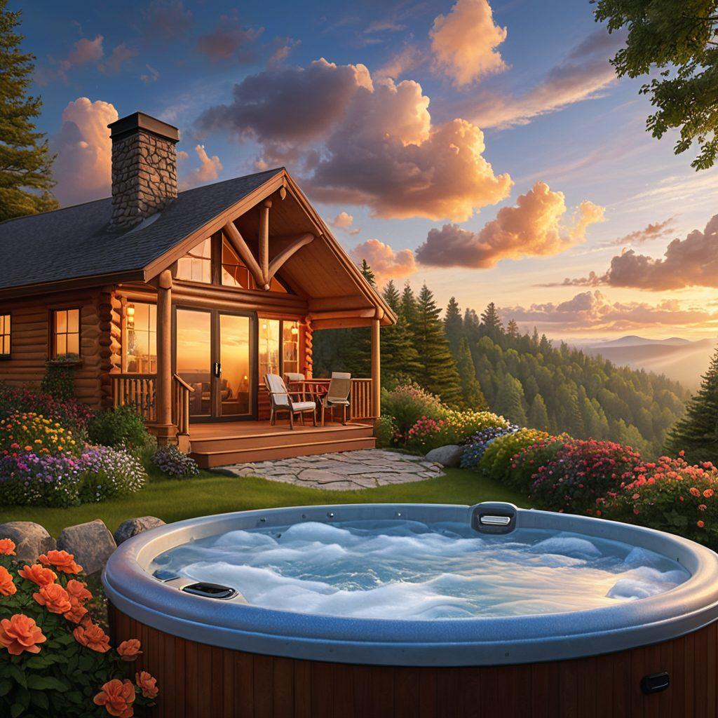 A serene couples' retreat nestled in a lush, romantic landscape, featuring a cozy cabin with candlelit ambiance and a small private hot tub surrounded by flowers. The sunset casts a golden glow, enhancing the tranquil atmosphere perfect for romance and relaxation. Soft, dreamy clouds drift above. super-realistic. vibrant colors. tranquil setting.