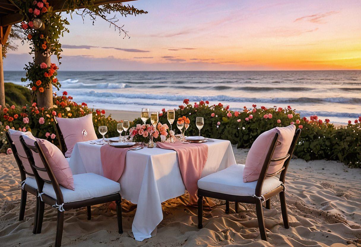An enchanting, candle-lit outdoor dining setup on a secluded beach at sunset, adorned with flowers and soft pillows, with a couple toasting with champagne in the foreground. In the background, gentle waves and a pastel sky create a serene atmosphere. Include subtle heart motifs in the sand for added romance. super-realistic. vibrant colors. warm tones.